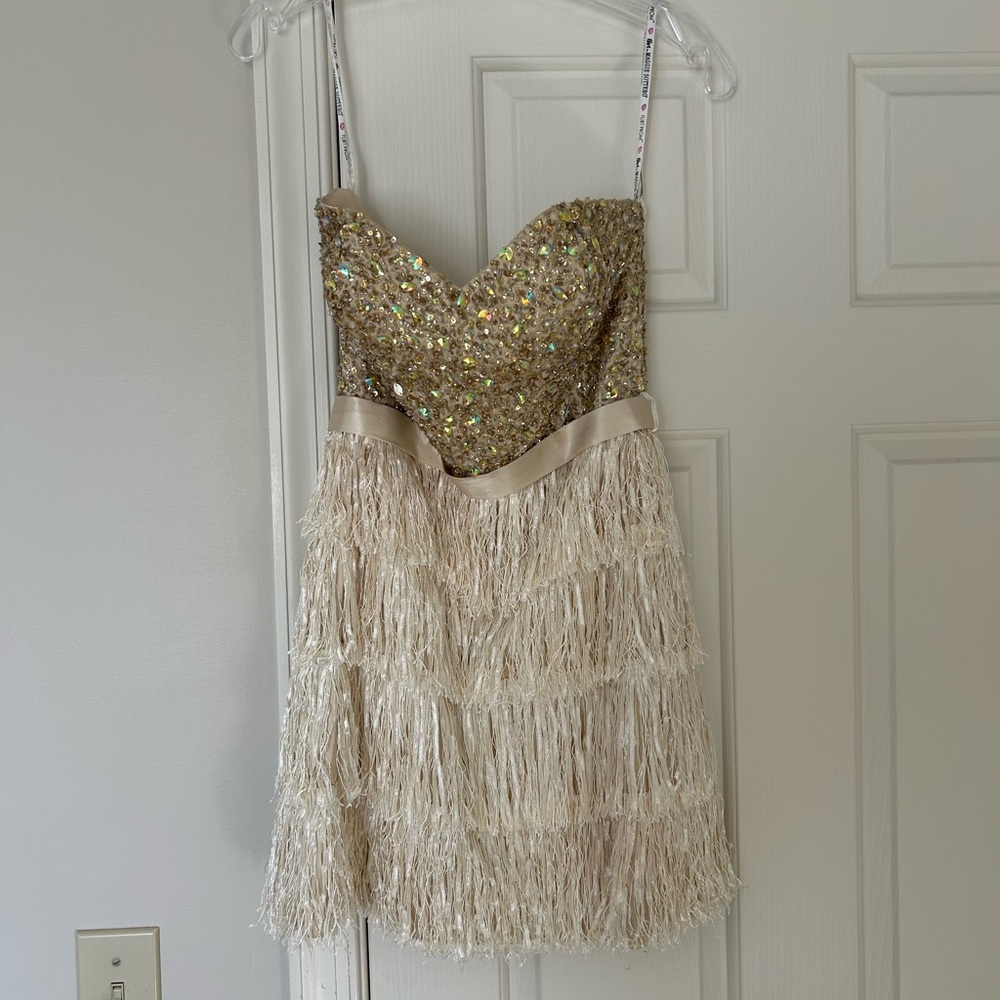Maggie Sottero Vintage Gold Sequin Fringe Mini Dress